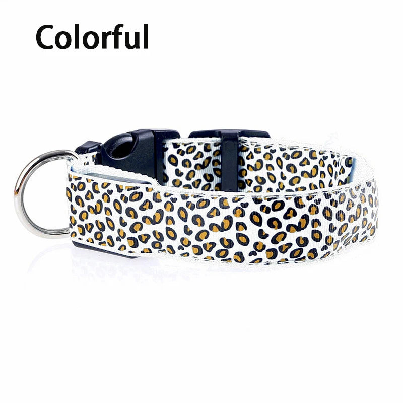 Leopard LED Dog Collar Luminous Adjustable Glowing Collar For Dogs Pet Night Safety Nylon Collar Luminous LED Bright Dog Collar