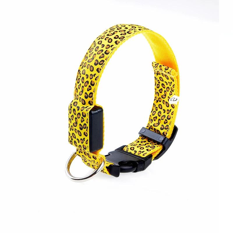 Leopard LED Dog Collar Luminous Adjustable Glowing Collar For Dogs Pet Night Safety Nylon Collar Luminous LED Bright Dog Collar