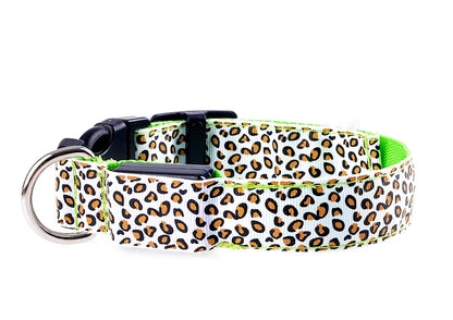 Leopard LED Dog Collar Luminous Adjustable Glowing Collar For Dogs Pet Night Safety Nylon Collar Luminous LED Bright Dog Collar